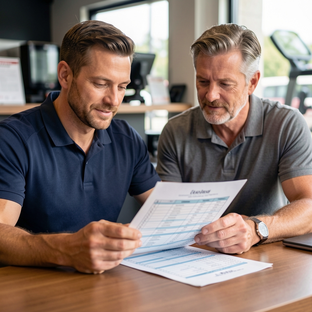 Coach sitting with a man in his late forties reviewing a printed weekly schedule at a gym reception table