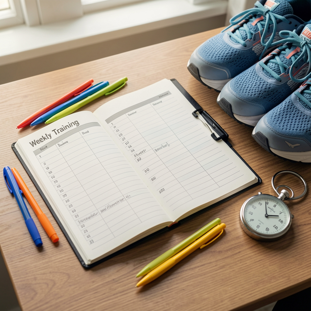 Weekly training planner open on a desk with coloured pens, a stopwatch and a pair of running shoes beside it